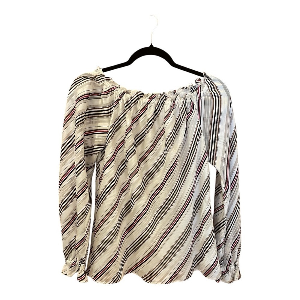 White House Black Market Blouse, Size S, Long Sheer Sleeves, Red, Black Stripes.
